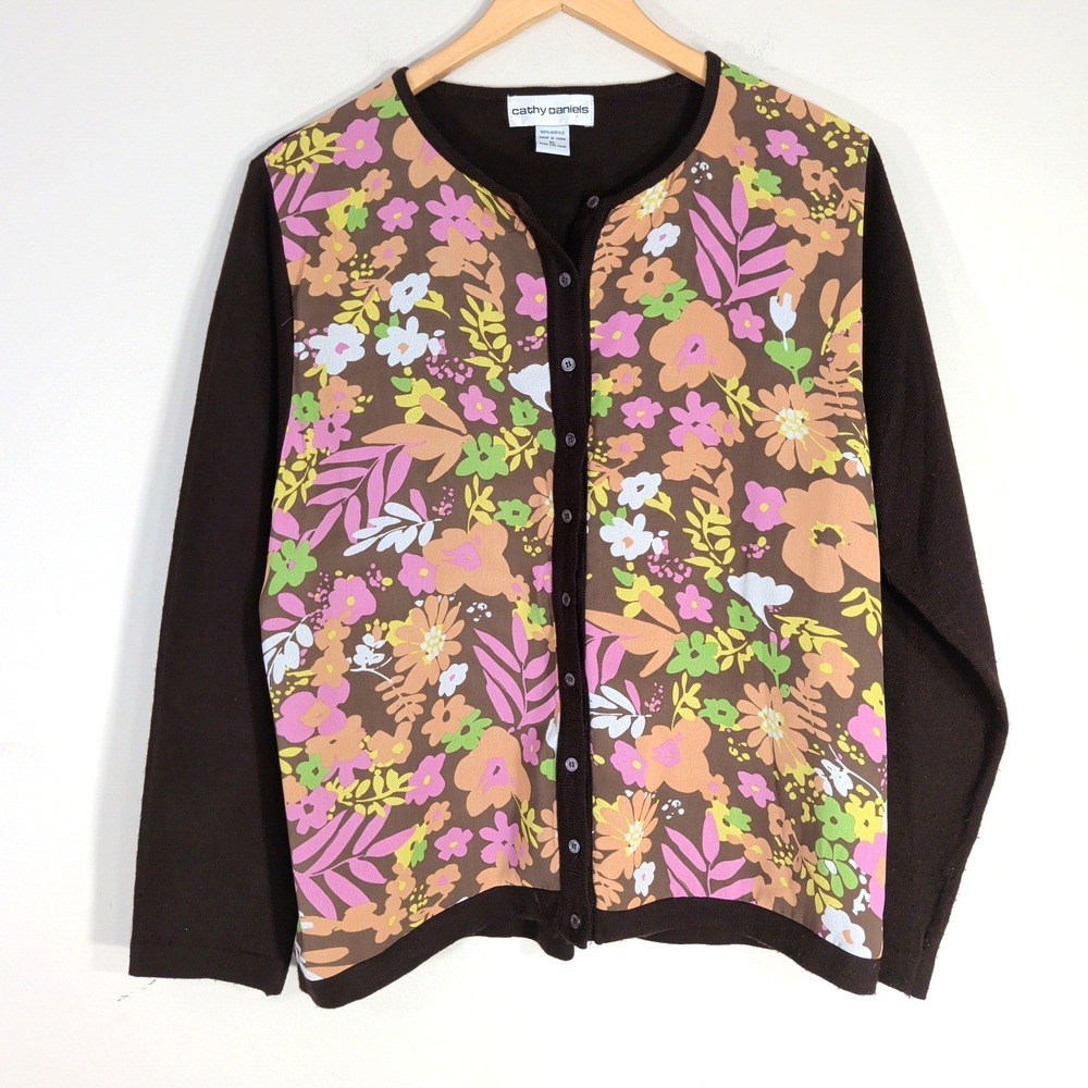 Cathy Daniels Brown Floral Cardigan; Long Sleeve Button Up Knit Sweater XL
